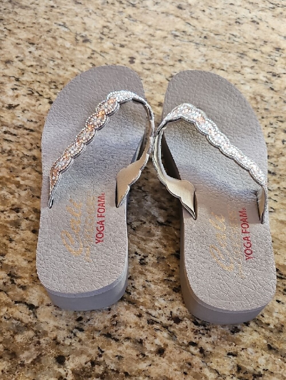Skechers Cali Yoga Foam Beaded Wedge Flip Flops Rhinestone Platform Sandals - Picture 7 of 16